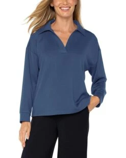 Liverpool Los Angeles Plush Comfort Knit V-Neck Popover With Collar | Shirts & Tops