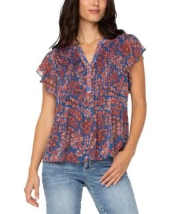 Liverpool Los Angeles Petite Double Layer Flutter Sleeve Woven Blouse With Pintucks | Shirts & Tops