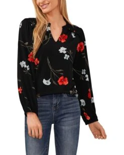 CeCe Floral Long Sleeve Smocked Shoulder V-Neck Top | Shirts & Tops