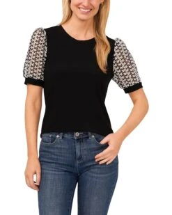 CeCe Puff Sleeve Mix Media Knit Top | Shirts & Tops