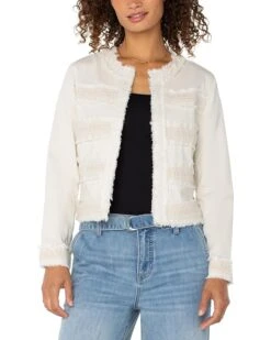 Liverpool Los Angeles Collarless Jacket With Fray & Lace in Soft Touch Twill | Coats & Outerwear